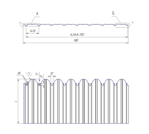 Профнастил фигурный С10 - 0,45 Оцинкованный.