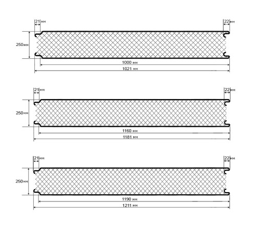Сэндвич панели акустические стеновые с минеральной ватой, ширина 1000 мм, толщина 250 мм, 0.5/0.5, RAL1015