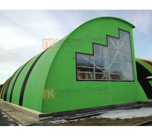 Сэндвич-панели арочные с пенополиуретаном, ширина 1200 мм, толщина 100 мм, 0.5/0.5, RAL6018