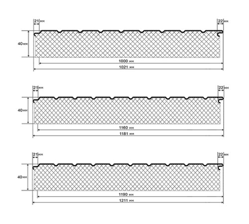 Сэндвич-панели двухслойные с минеральной ватой, ширина 1000 мм, толщина 40 мм, 0.5, RAL7004