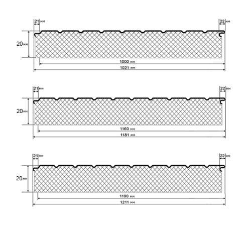 Сэндвич-панели двухслойные с минеральной ватой, ширина 1200 мм, толщина 20 мм, 0.5, RAL7024