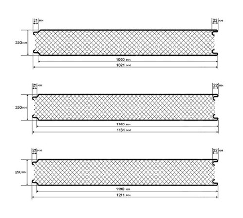 Сэндвич панели гладкие с пенополистиролом, ширина 1000 мм, толщина 250 мм, 0.5/0.5, RAL7004