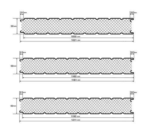 Сэндвич панели стеновые с пенополистиролом, ширина 1000 мм, толщина 50 мм, 0.5/0.5, дуб